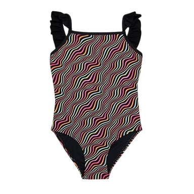 Threadbare Girls Wavy Striped Frill One Piece Swimsuit (Black)