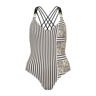 Biba Womens/Ladies Kayla Striped Low Plunge One Piece Swimsuit (White/Black/Gold)