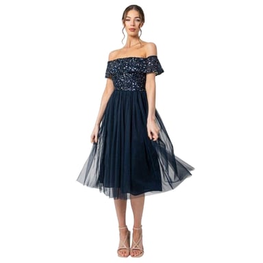 Maya Deluxe Womens/Ladies Sequin Bardot Short-Sleeved Midi Dress (Navy)