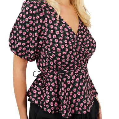 Brave Soul Womens/Ladies V Neck Puff Sleeve Wrap Top (Black/Pink)