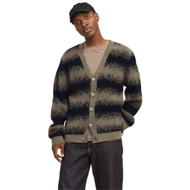 Jack And Jones Mens Striped Chunky Knit Relaxed Fit Cardigan (Greige)