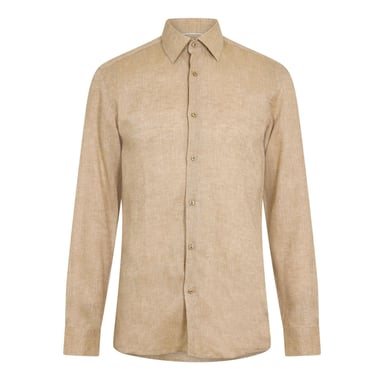 Boss Mens Linen Point Collar Long-Sleeved Formal Shirt (Light Beige)