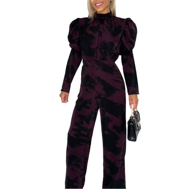 AX Paris Womens/Ladies Abstract Polyester Wide Leg Puff Sleeve Jumpsuit (Wine)