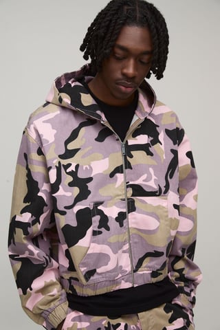 Oversized Crop Camo Twill Hooded Overshirt