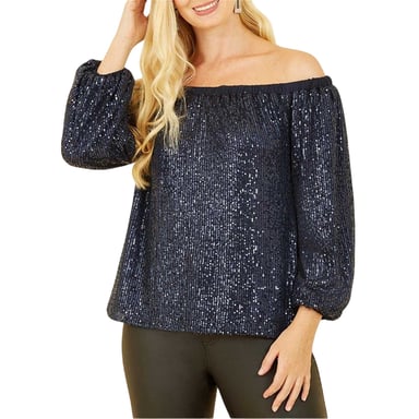 Yumi Womens/Ladies Sequin Off-the-Shoulder Blouse (Navy)