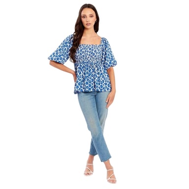 Be You Womens/Ladies Waffle Square Neck Puff Sleeve Blouse (Navy/White)