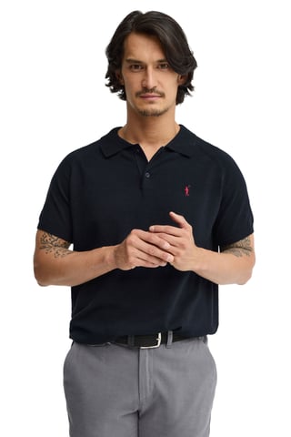 Marineblauwe trui met korte mouwen, polokraag en Rigby Go-logo