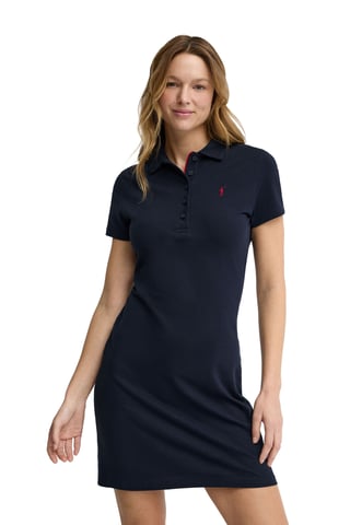 Marineblauwe korte jurk met korte mouwen, polokraag en Rigby Go-logo