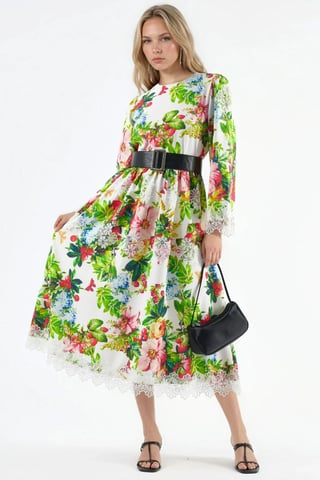 Floral Belted A-Line Midi Dress