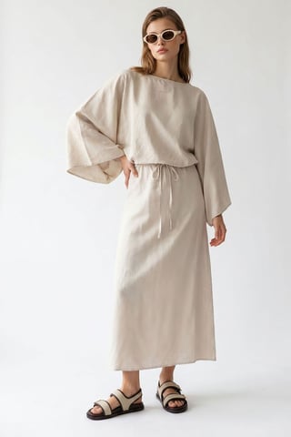 Women's Solid Textured Maxi Dress With Tie Detail