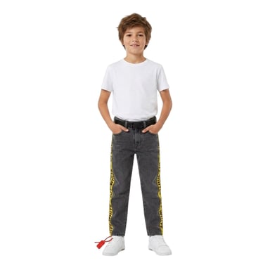 Off White Childrens/Kids Washed Denim Logo 5 Pockets Straight Jeans (Grey/Yellow)