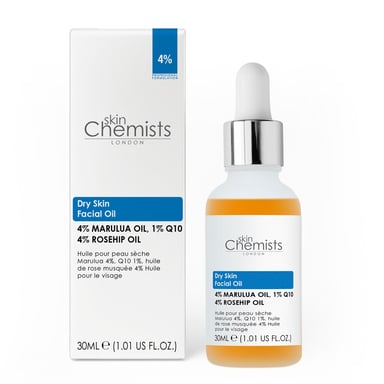 skinChemists Dry Skin Marula Oil 4%, Q10 1%, Rosehip Oil 4% Anti-Ageing Facial Serum 30ml for Fine Lines, Wrinkles, Dryness