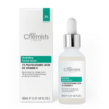 skinChemists Hydrating Polyglutamic Acid 1%, Vitamin C 3% Facial Serum 30ml for Brightening, Dark Spots