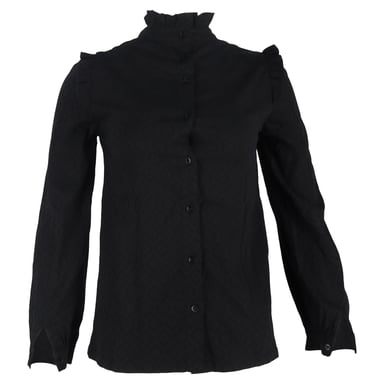 A.P.C. Ruffle-Trimmed Long Sleeve Blouse in Black Cotton