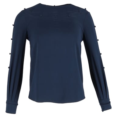 Oscar de la Renta Bateau Neckline Blouse in Navy Blue Silk