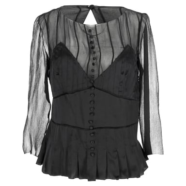 Chloé Pleated Sheer Long Sleeve Blouse in Black Silk