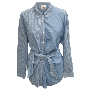 Iris & Ink Striped Button-Down Tie-Waist Shirt in Blue Cotton