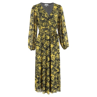 Ganni Printed Mesh Midi Wrap Dress in Yellow Polyamide