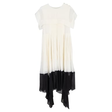 Chloé Square Collar Pleated Midi Dress in White and Black Viscose