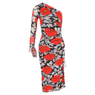 Diane Von Furstenberg Floral-Print Ruched Midi Dress in Multicolor Nylon