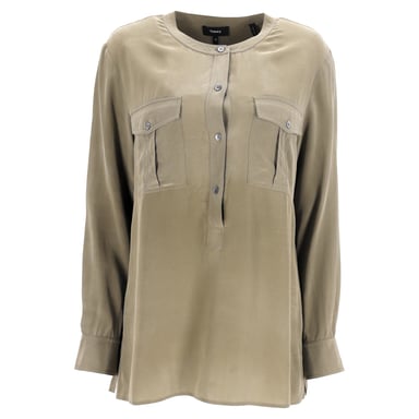Theory Half-Buttoned Long Sleeve Blouse in Olive Silk