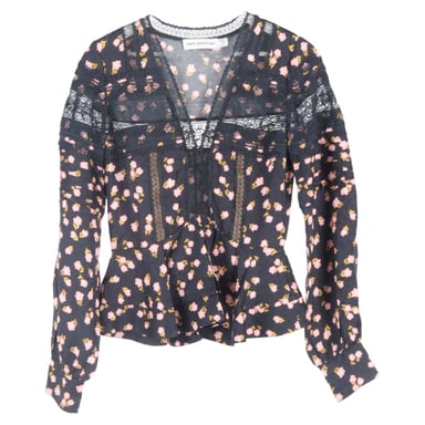 Self-Portrait Lace-Trimmed Floral-Print Peplum Top in Multicolor Viscose