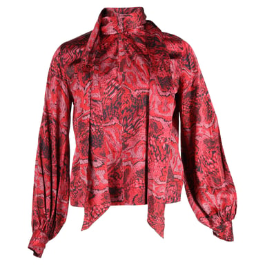Ganni Snake-Print Blouse in Red Silk-Blend Satin