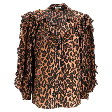 Miu Miu Leopard Print Ruffled Shirt in Brown Silk