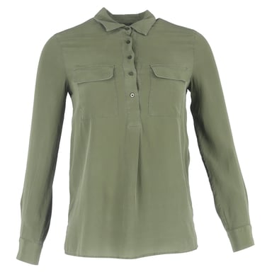 Maje Half-Buttoned Blouse with Chest Pockets in Olive Silk