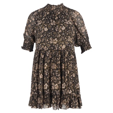 Ulla Johnson Paisley Printed Mock Neck Mini Dress in Brown Silk