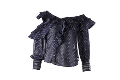 Self-Portrait Plumetis Frilled Top in Blue Polyester