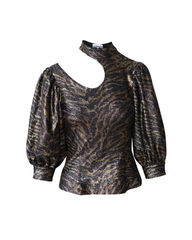 Ganni Tiger Print Puff Sleeve Lurex Knit Top in Multicolor Polyester