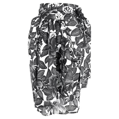 Lanvin Floral-Print Tie Waist Midi Skirt in Black and White Cotton