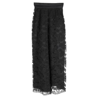 Valentino Boutique Lace-Detailed Wide-Leg Trousers in Black Polyester