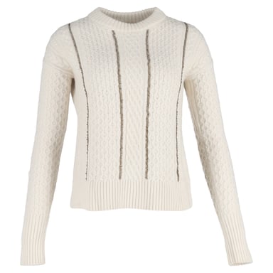 Michael Kors Chain-Trimmed Cable-Knit Sweater in White Wool