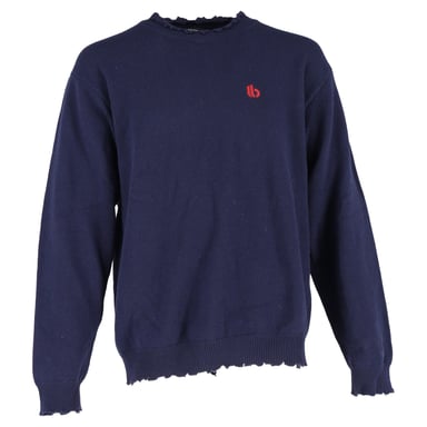 Balenciaga Logo-Embroidered Sweater in Navy Blue Wool