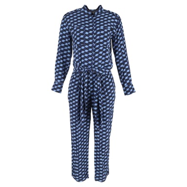 Diane Von Furstenberg Geometric Printed Long Sleeve Jumpsuit in Blue Viscose