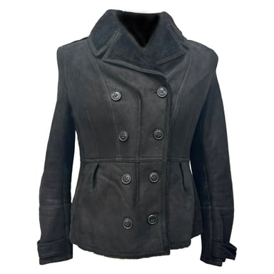 Burberry Brit Chedleigh Double-Breasted Shearling Jacket in Black Leather