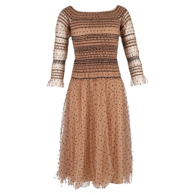 Self-Portrait Shirred Polka-Dot Off Shoulder Midi Dress in Nude Polyamide