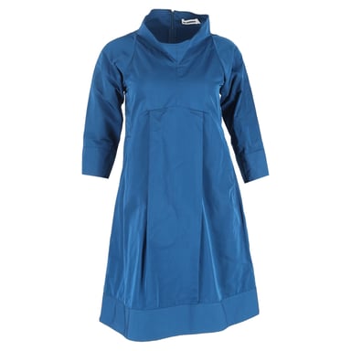 Jil Sander High-Collared 3/4 Sleeve Knee-Length Dress in Navy Blue Cotton