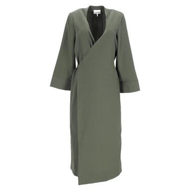 Ganni Crepe Midi Wrap Dress In Army Green Polyester