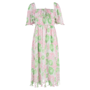 Ganni Floral-Print Shirred Midi Dress in Multicolor Polyester
