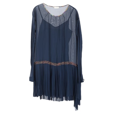 Dries Van Noten Sheer Asymmetric Pleated Hem Dress in Navy Blue Rayon