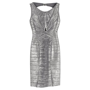 Herve Leger Foil Cutout Bandage Dress in Silver Rayon