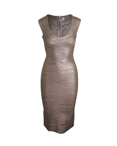 Herve Leger Scoop Neck Bandage Dress in Metallic Rose Gold Rayon