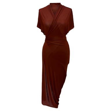 Rick Owens Wrap Midi Dress in Brown Cupro