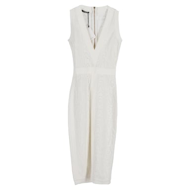 Balmain Knitted Plunging Neckline Midi Dress in White Viscose