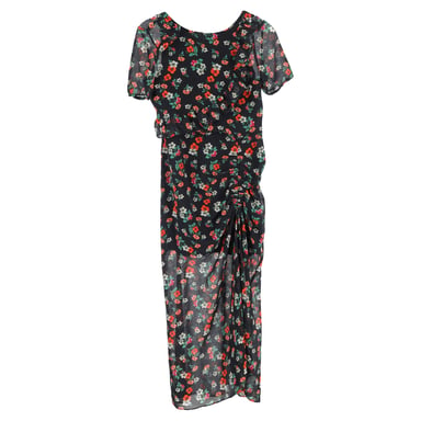 Maje Rancho Ruched Floral-Print Midi Dress in Multicolor Chiffon
