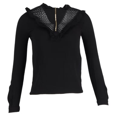 Maje Ruffle Zipped Detail Long Sleeve Blouse Top in Black Polyester