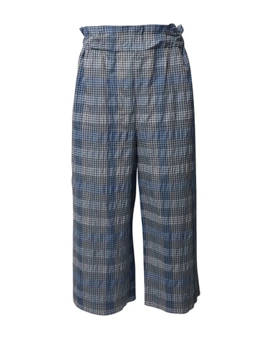 Ganni Seersucker Checked Wide-leg Cropped Pants in Blue Organic Cotton